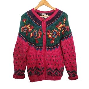 Vintage 80s handknit ivy pink and floral cardigan granny sweater